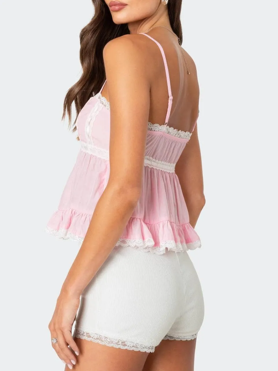 Women Y2k Ruched Tank Top Spaghetti Strap Peplum Camisole Cute Tie Up Cami Top Summer Streetwear