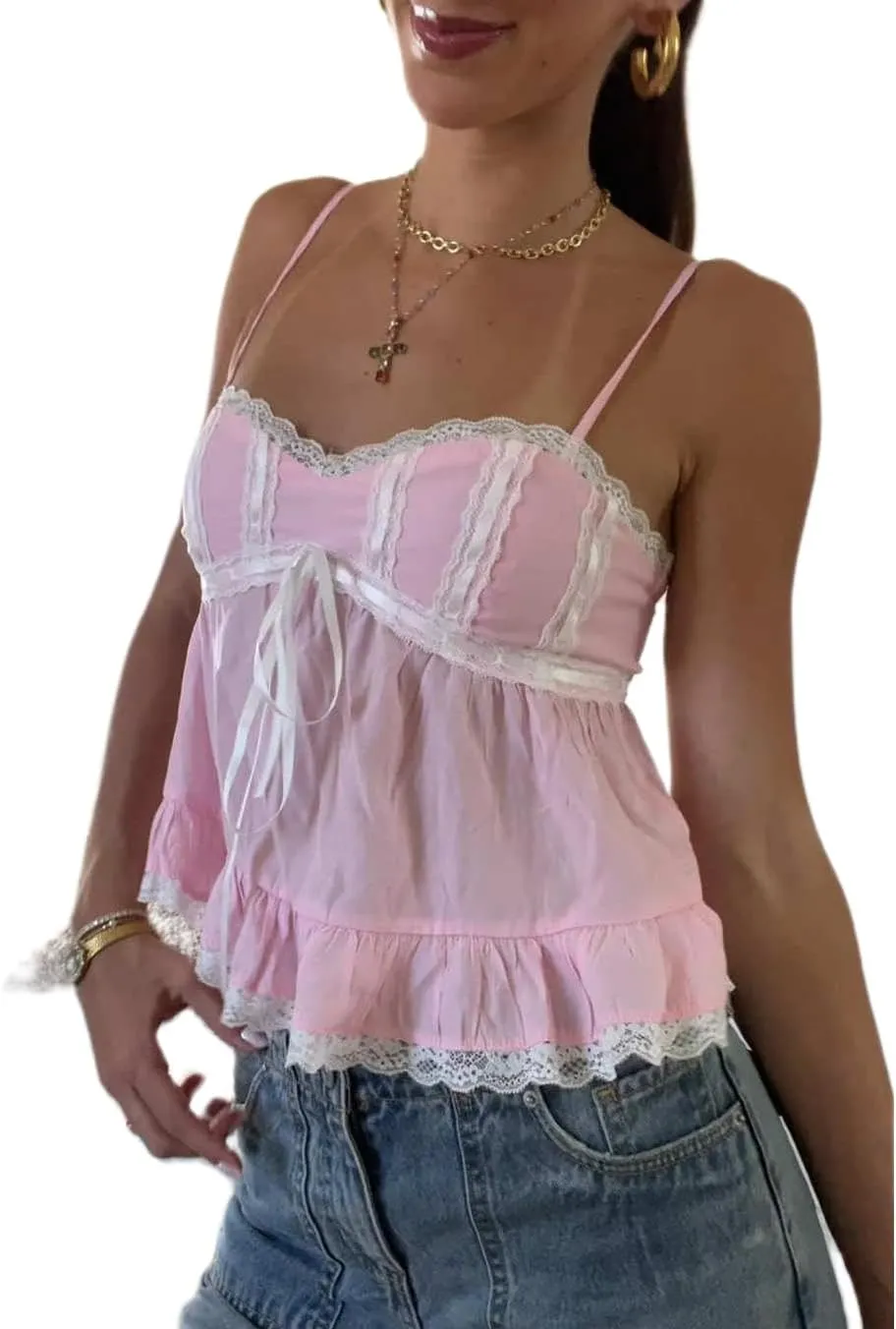 Women Y2k Ruched Tank Top Spaghetti Strap Peplum Camisole Cute Tie Up Cami Top Summer Streetwear