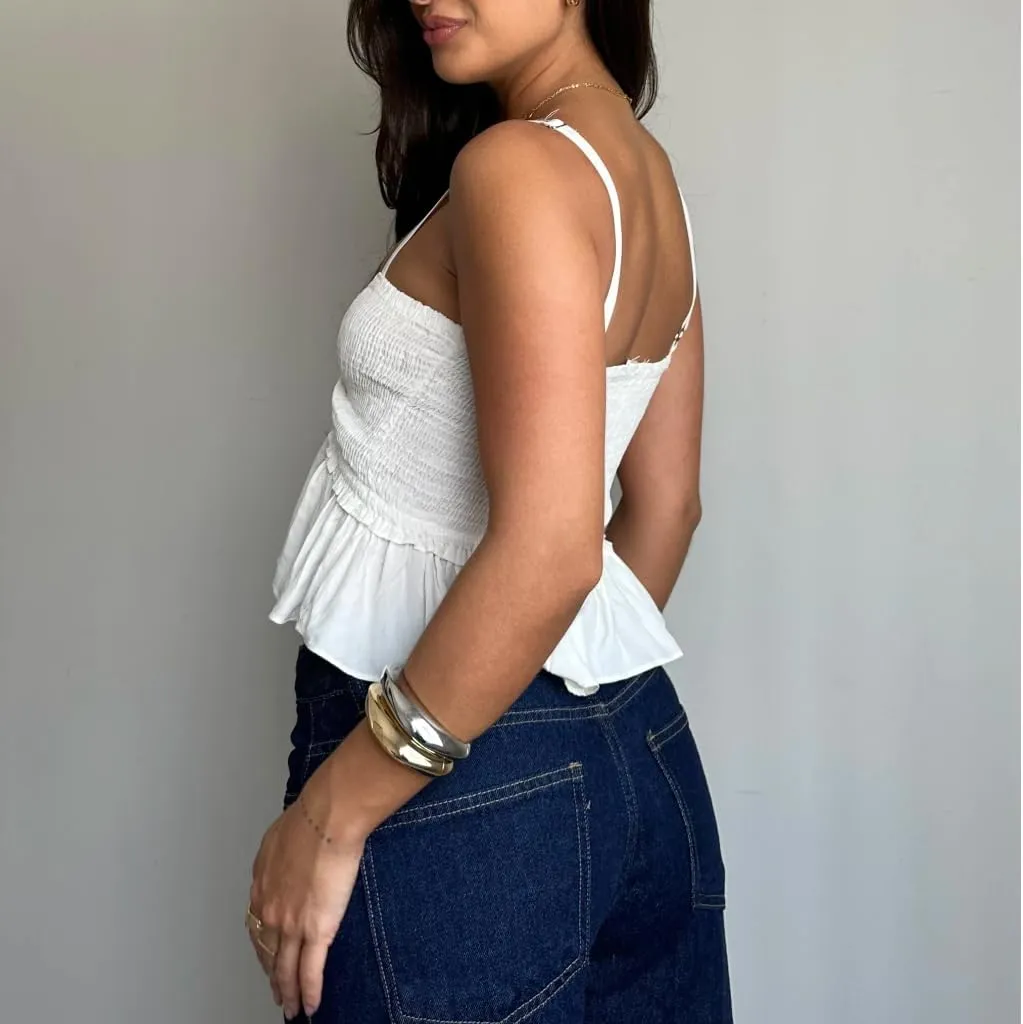 Women Y2k Ruched Tank Top Spaghetti Strap Peplum Camisole Cute Tie Up Cami Top Summer Streetwear
