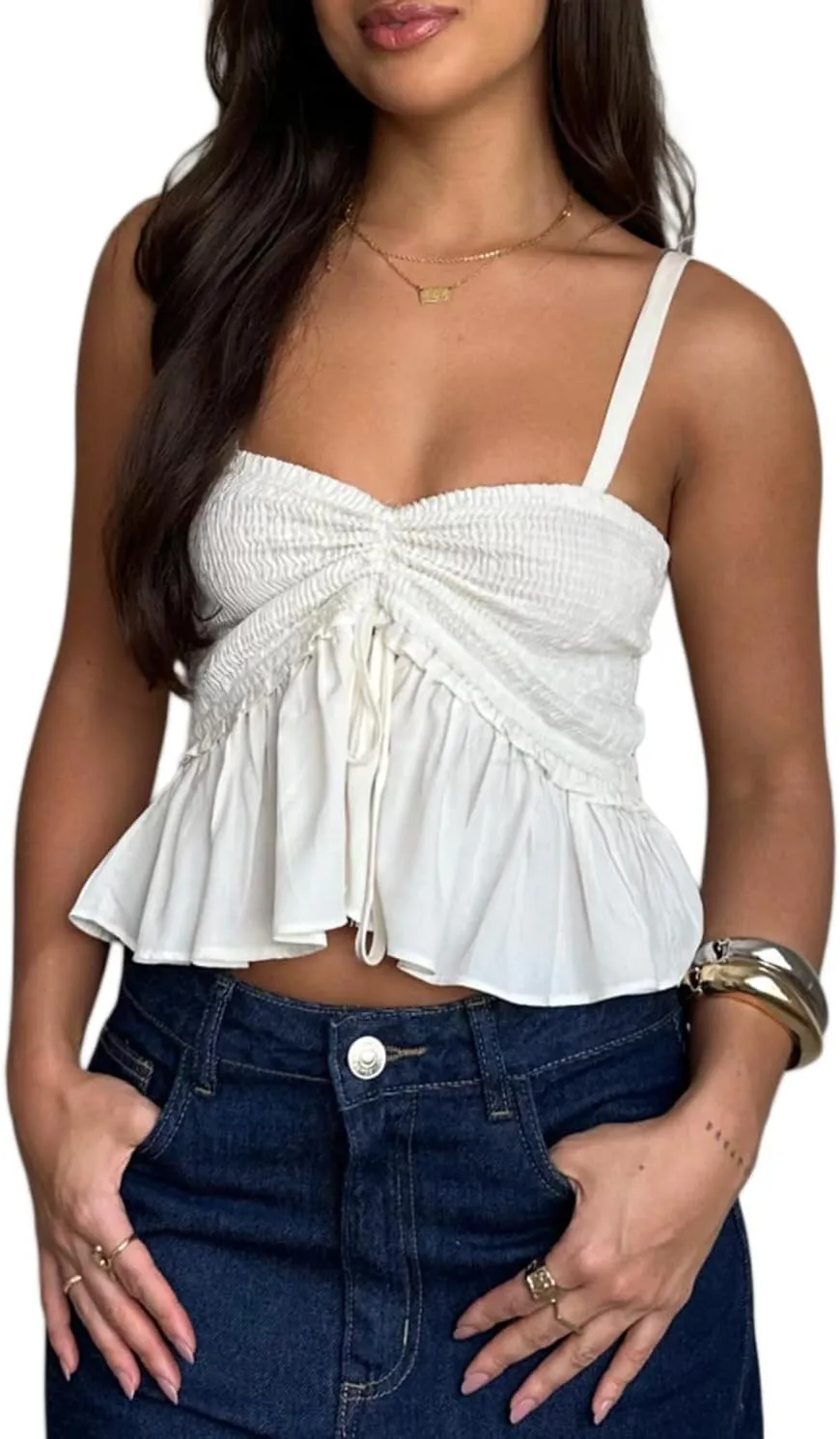 Women Y2k Ruched Tank Top Spaghetti Strap Peplum Camisole Cute Tie Up Cami Top Summer Streetwear