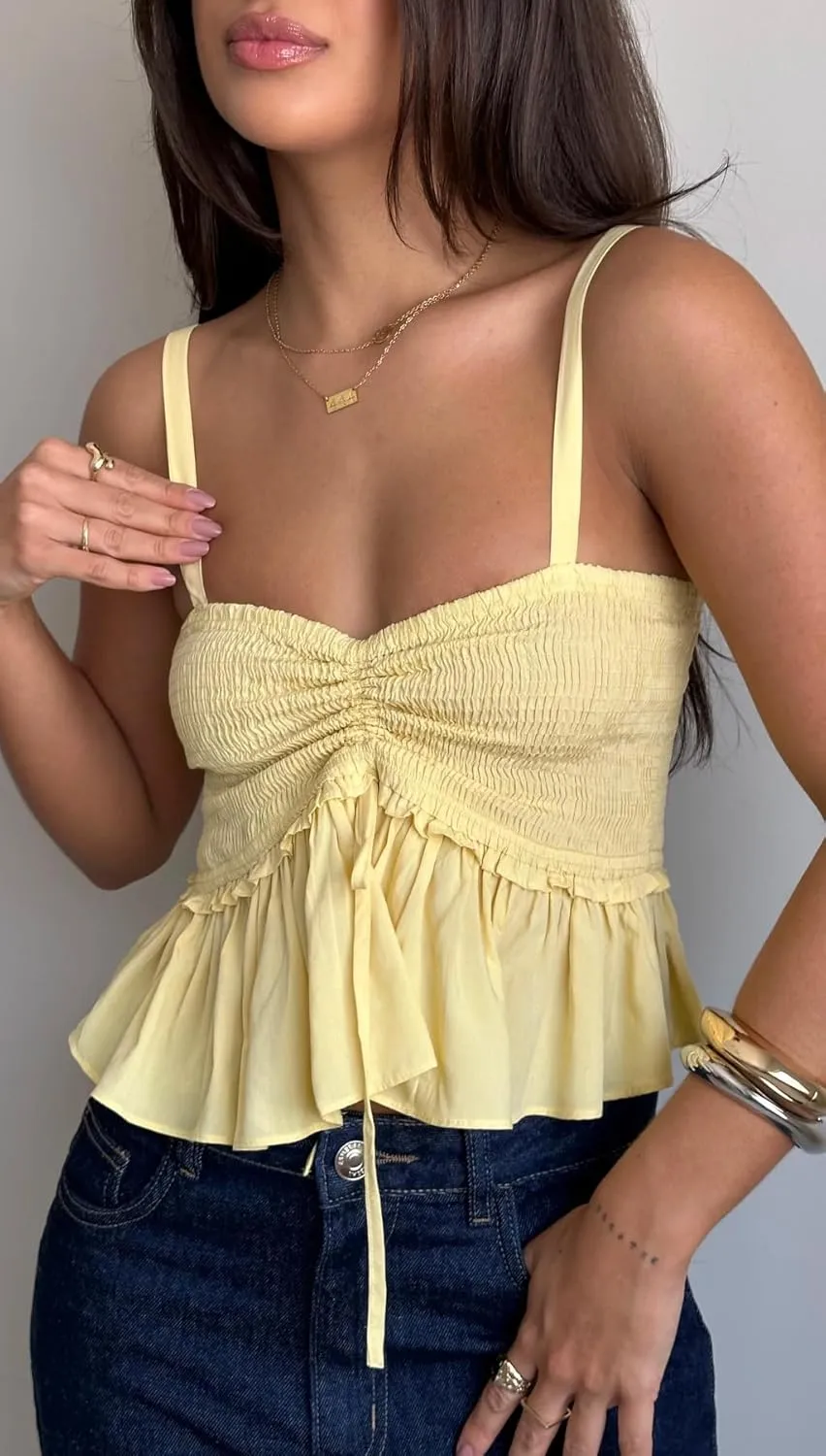 Women Y2k Ruched Tank Top Spaghetti Strap Peplum Camisole Cute Tie Up Cami Top Summer Streetwear