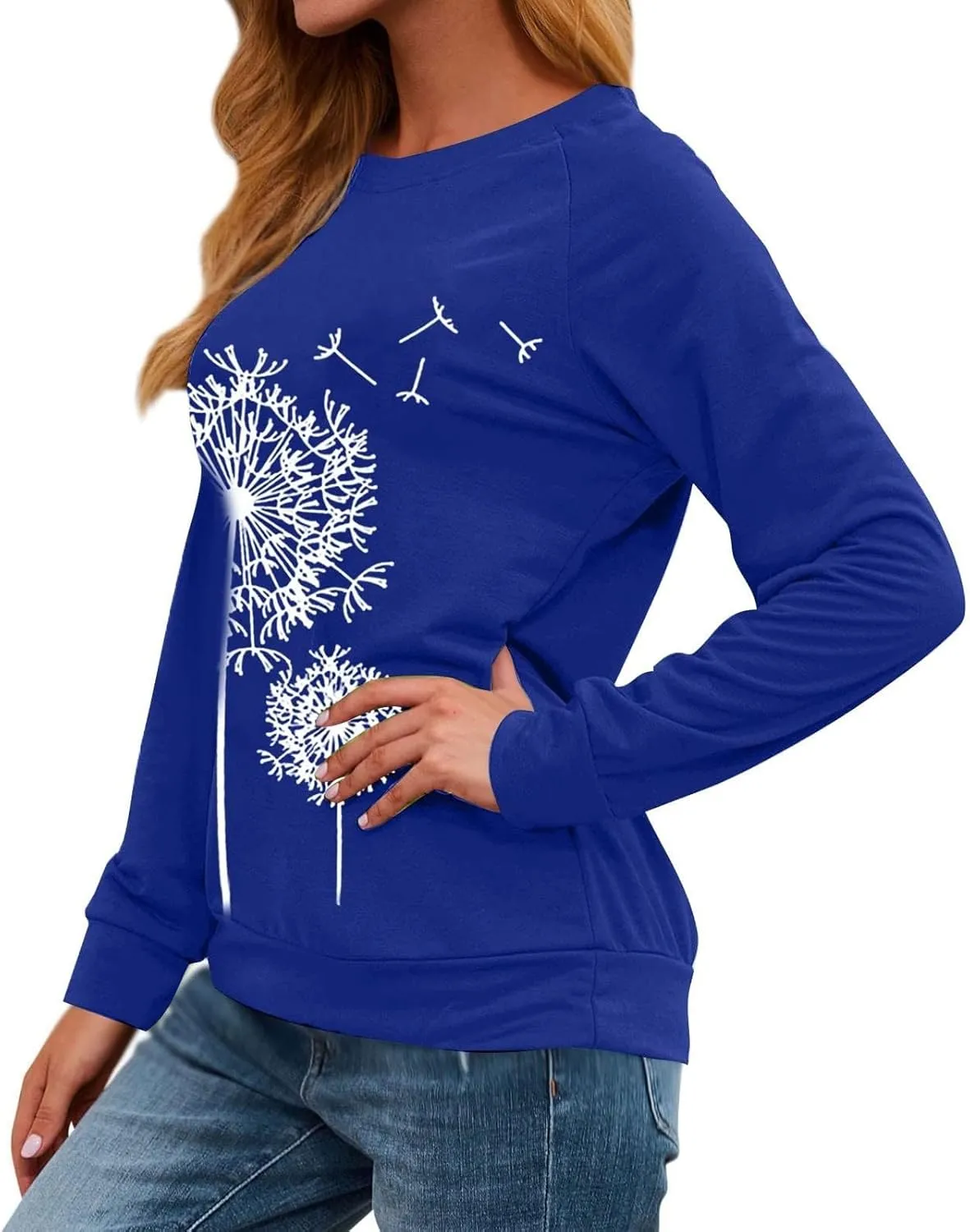 Women's Basic Hoddies Solid Color Cute Printed Loose Comfy Round Neck Long Sleeve Pullover Tunics Outdoor Running Tops