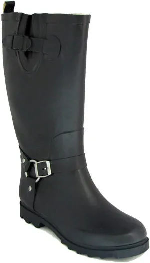 Women's Black Rubber Rain Boots Harness Motocycle Mid-calf Wellies Knee High Snow Boots