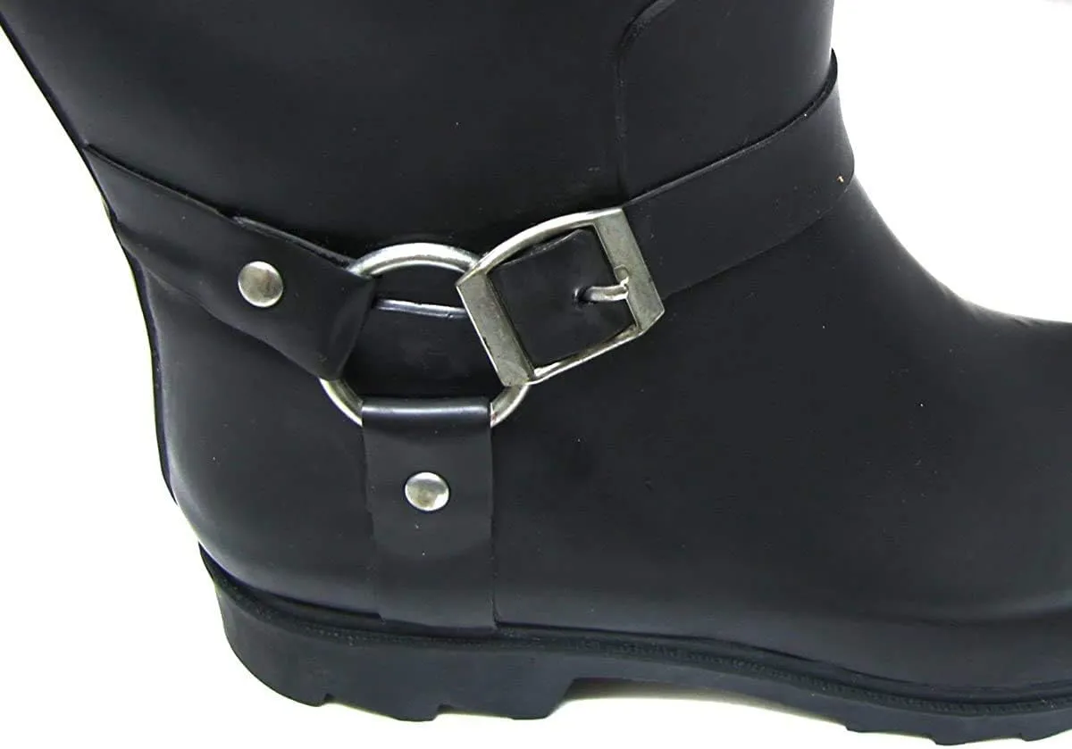 Women's Black Rubber Rain Boots Harness Motocycle Mid-calf Wellies Knee High Snow Boots
