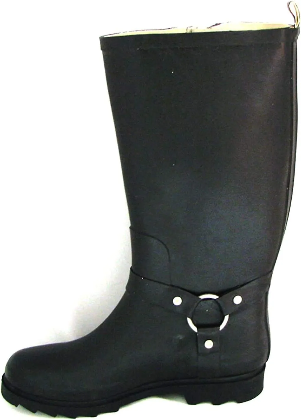 Women's Black Rubber Rain Boots Harness Motocycle Mid-calf Wellies Knee High Snow Boots