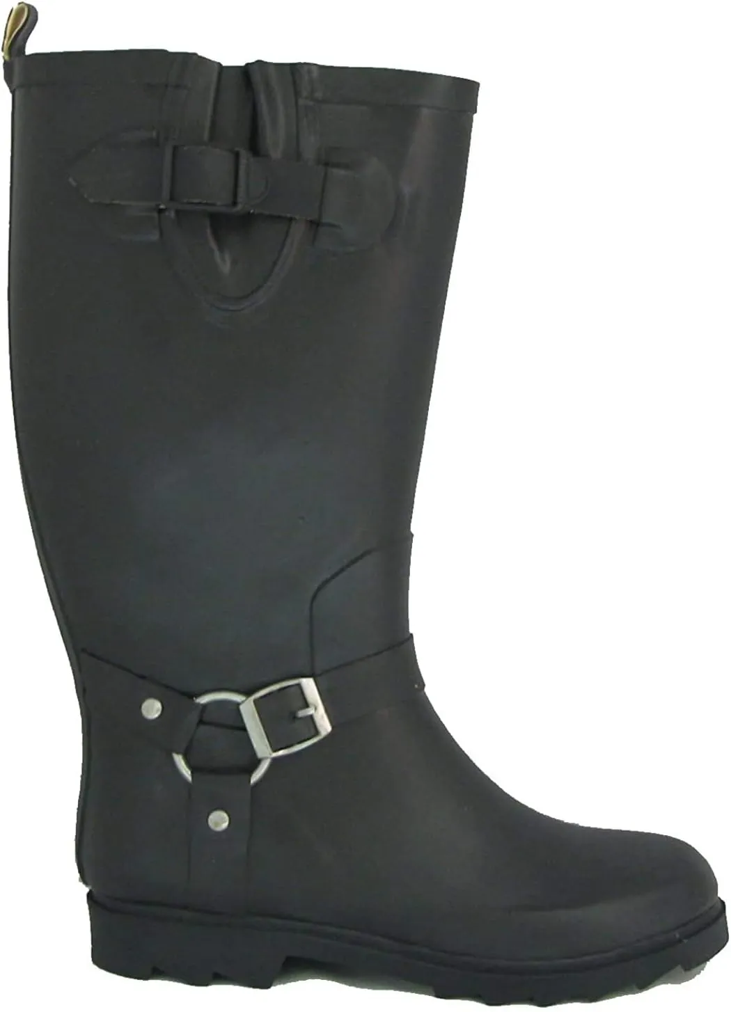 Women's Black Rubber Rain Boots Harness Motocycle Mid-calf Wellies Knee High Snow Boots