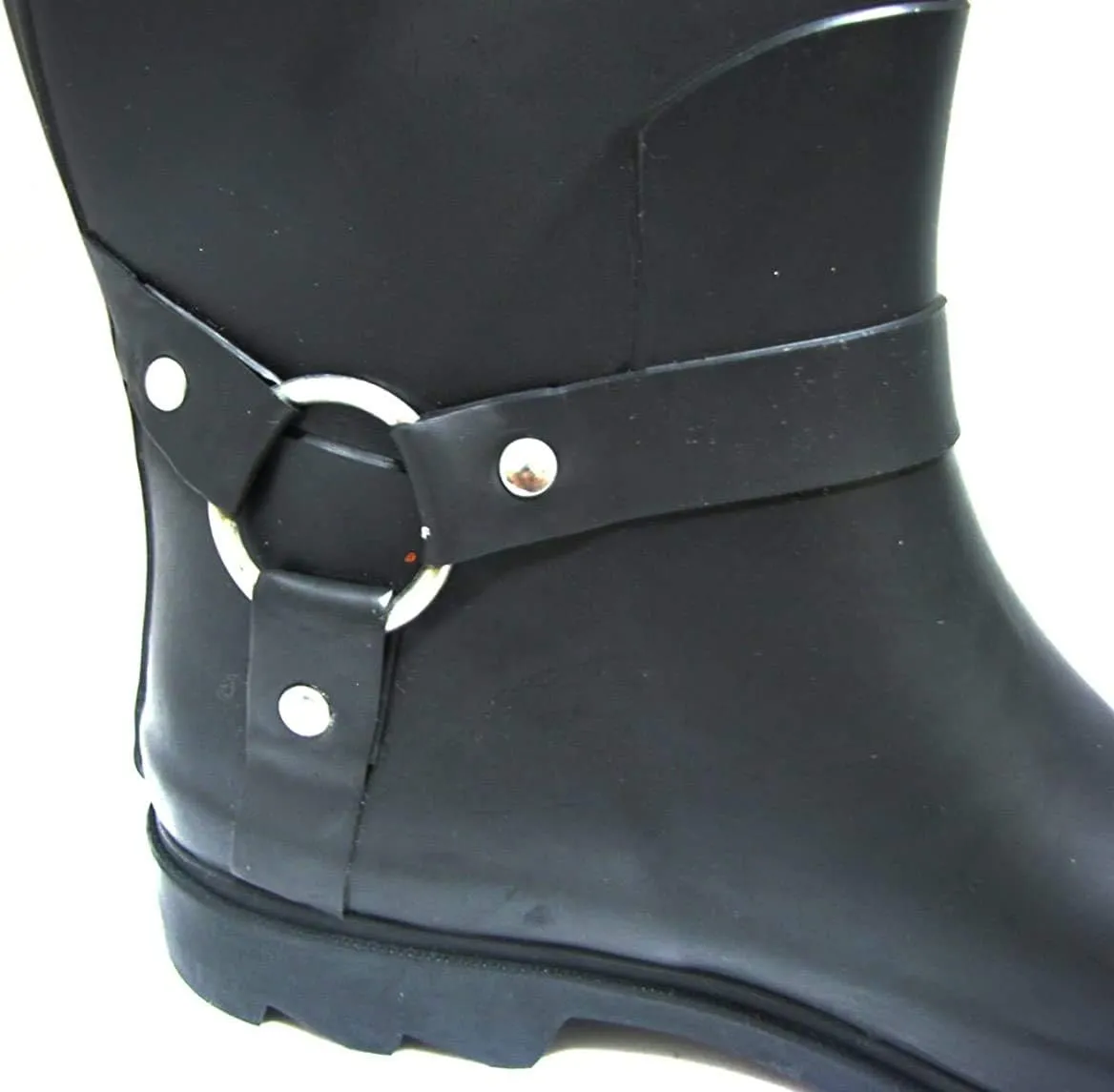 Women's Black Rubber Rain Boots Harness Motocycle Mid-calf Wellies Knee High Snow Boots