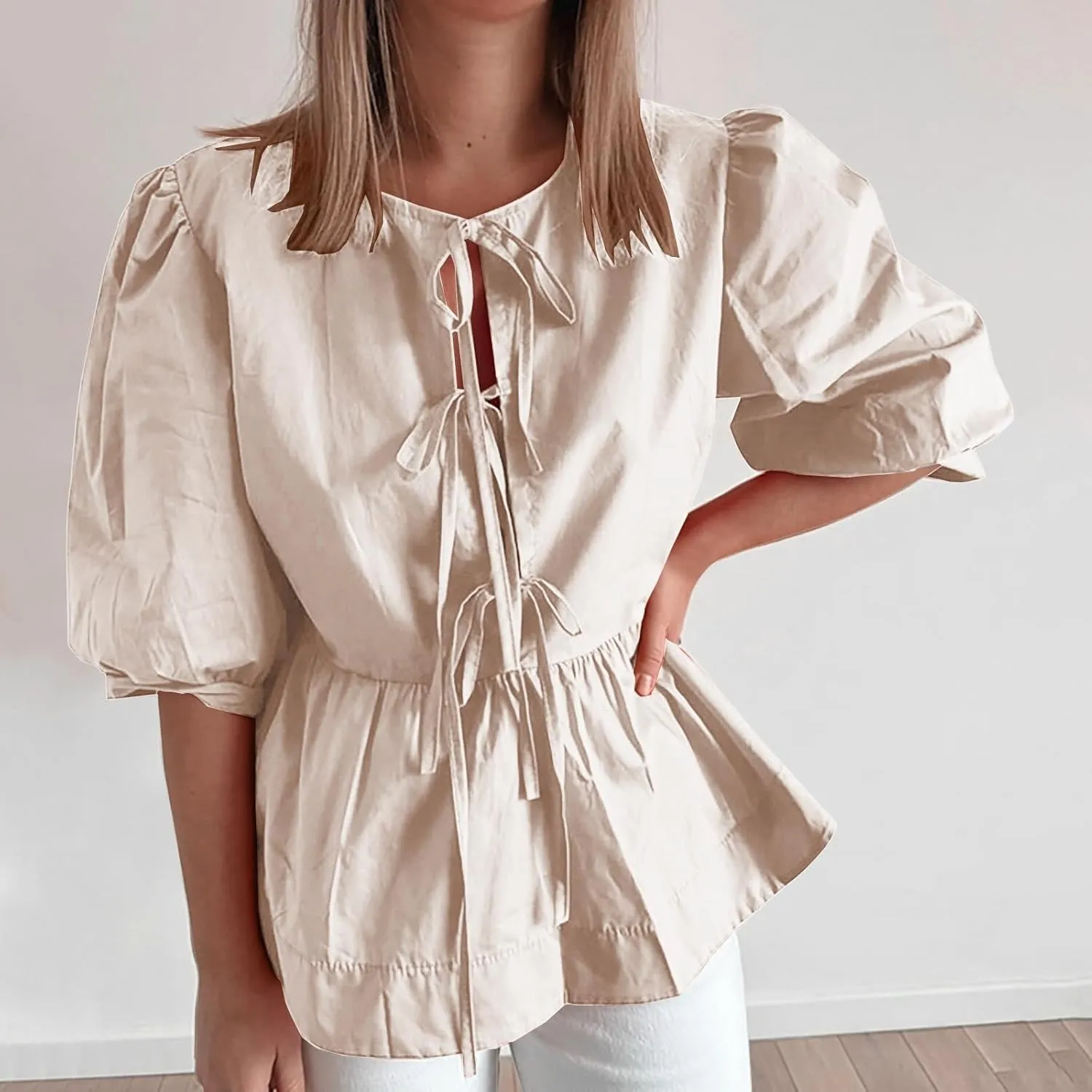 Womens Blouses Plaid Short Puff Sleeve Tops Cute Tie Front Peplum Shirts Summer Girls Fashion Casual Loose Clothes