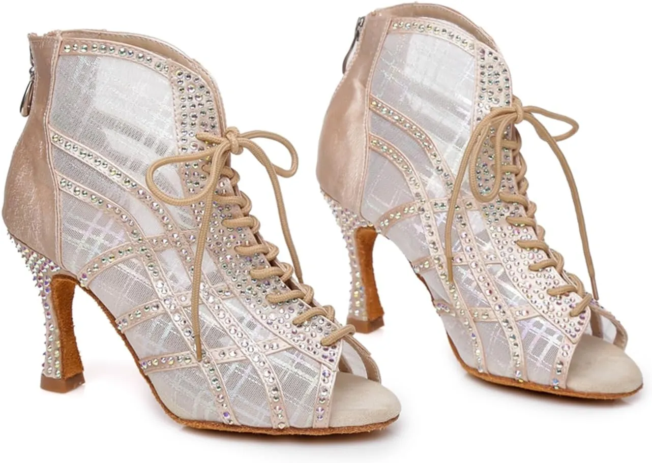 Women's Breathable Mesh Open Toe Ballroom Rumba Party Wedding Practice Performence Dance Shoes Boots