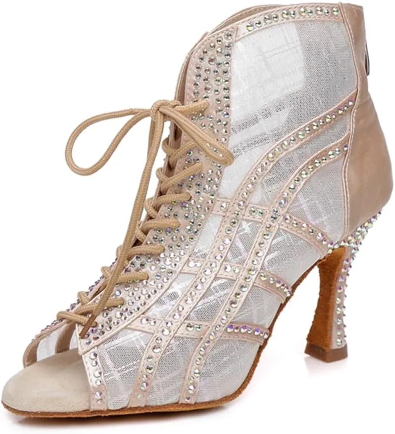 Women's Breathable Mesh Open Toe Ballroom Rumba Party Wedding Practice Performence Dance Shoes Boots