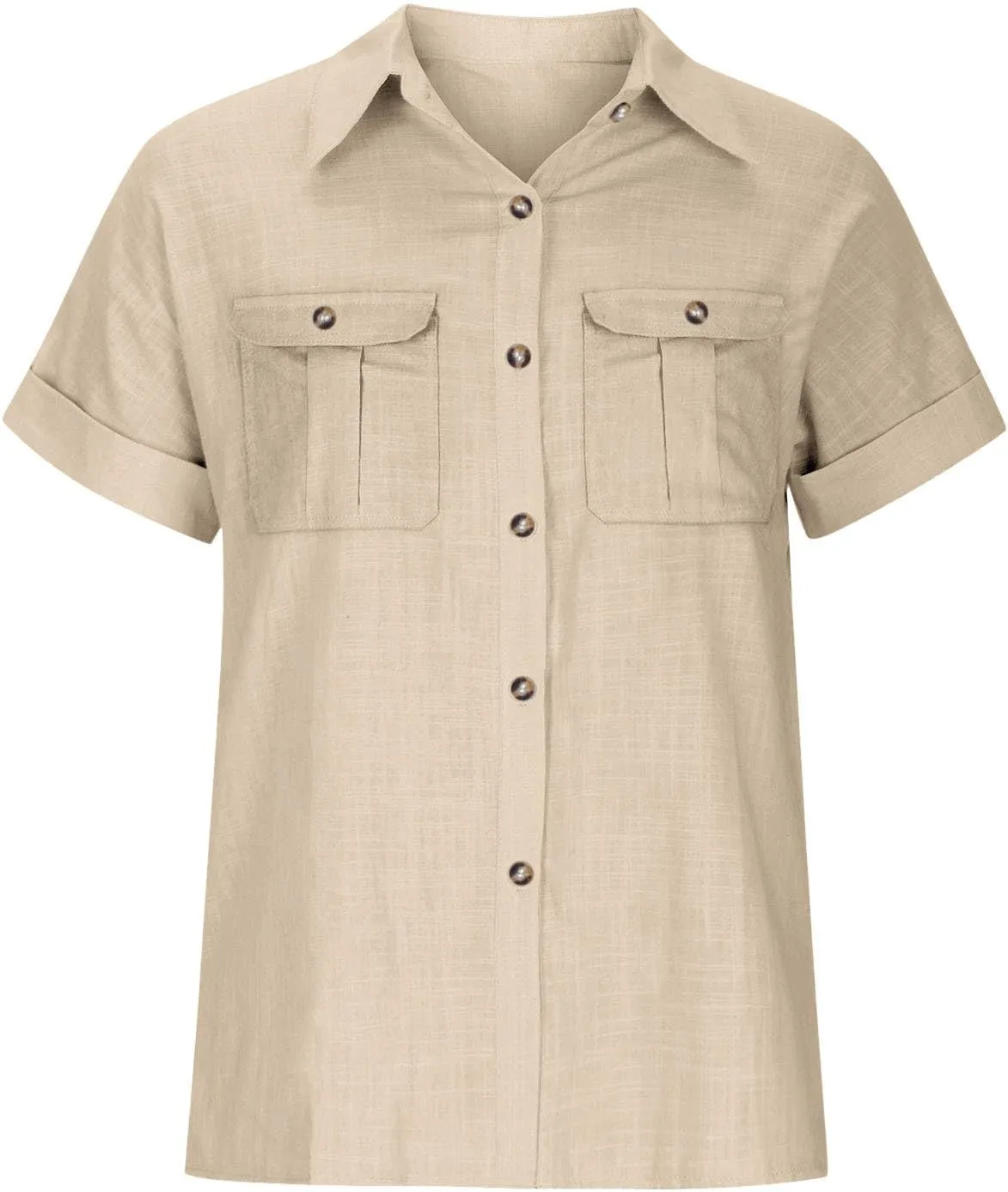 Womens Casual Blouse Button Fly Lapel Collar Short Sleeve Linen Beach Tunics Summer Loose Side Slit Tops with Pockets