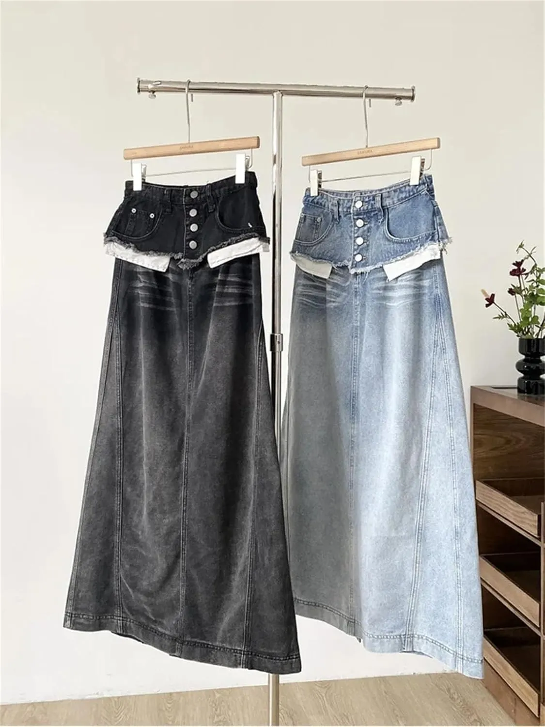 Women's Distressed Denim Maxi Skirt, Patchwork Pocket A-Line High Waist Design