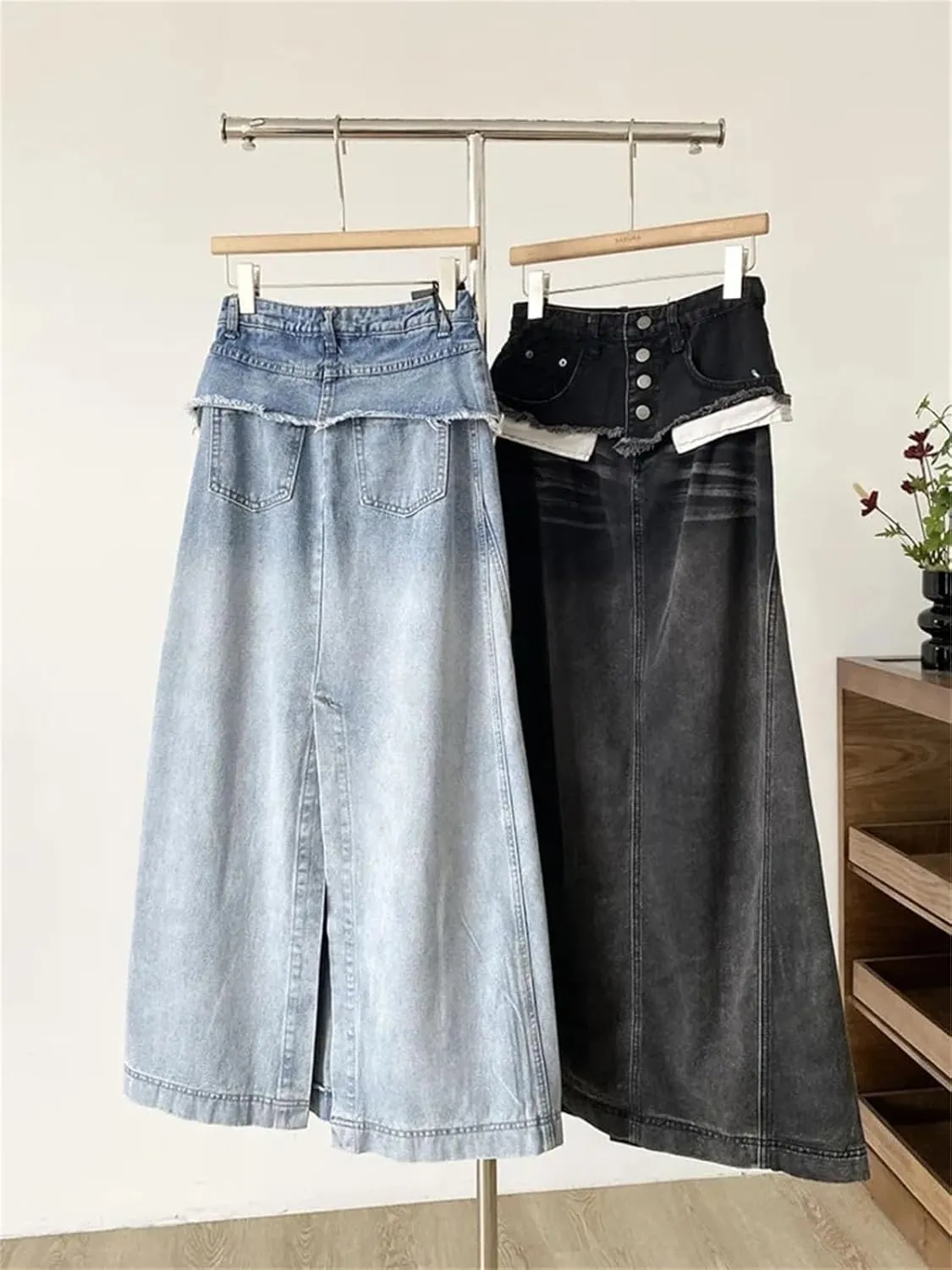 Women's Distressed Denim Maxi Skirt, Patchwork Pocket A-Line High Waist Design