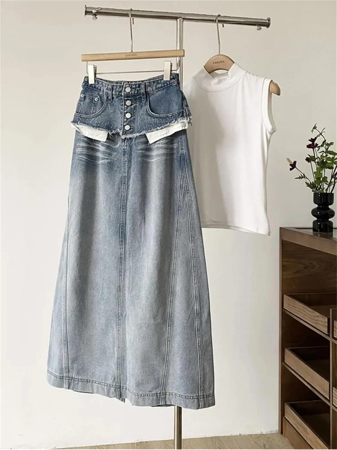 Women's Distressed Denim Maxi Skirt, Patchwork Pocket A-Line High Waist Design