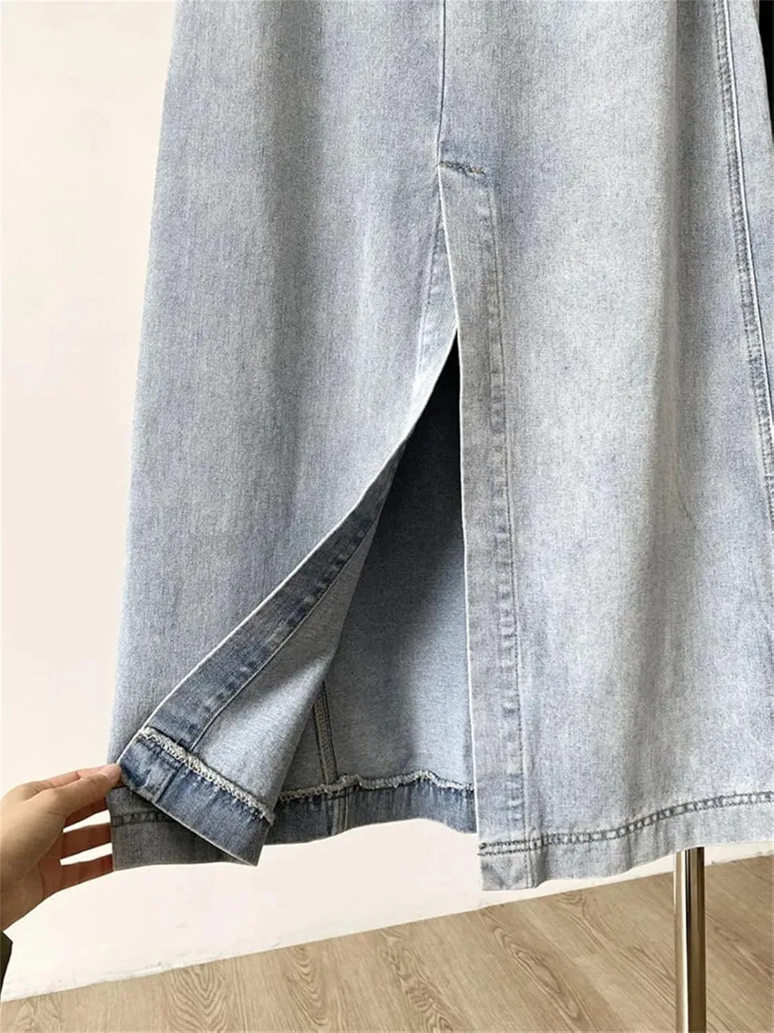 Women's Distressed Denim Maxi Skirt, Patchwork Pocket A-Line High Waist Design