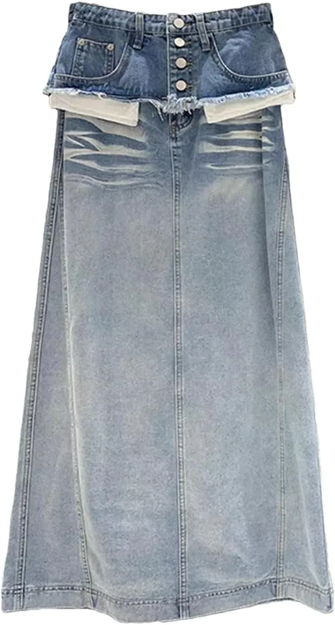 Women's Distressed Denim Maxi Skirt, Patchwork Pocket A-Line High Waist Design