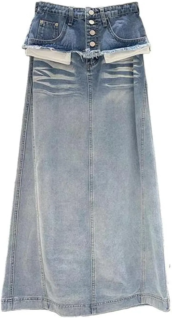 Women's Distressed Denim Maxi Skirt, Patchwork Pocket A-Line High Waist Design