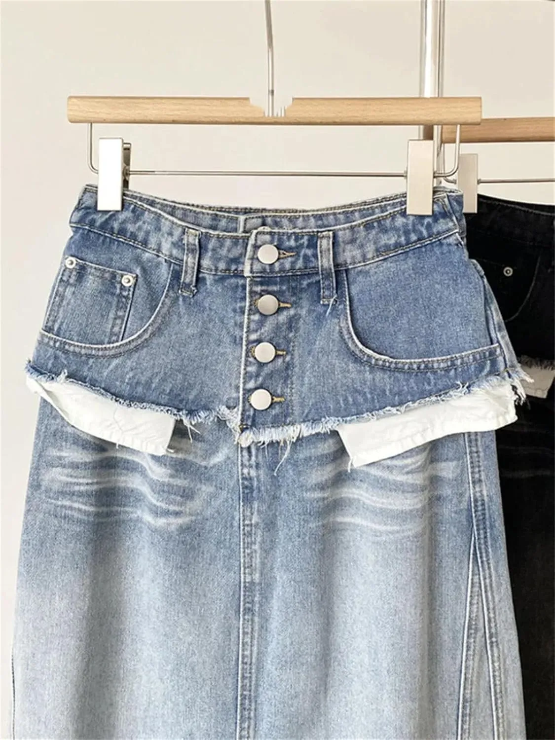 Women's Distressed Denim Maxi Skirt, Patchwork Pocket A-Line High Waist Design