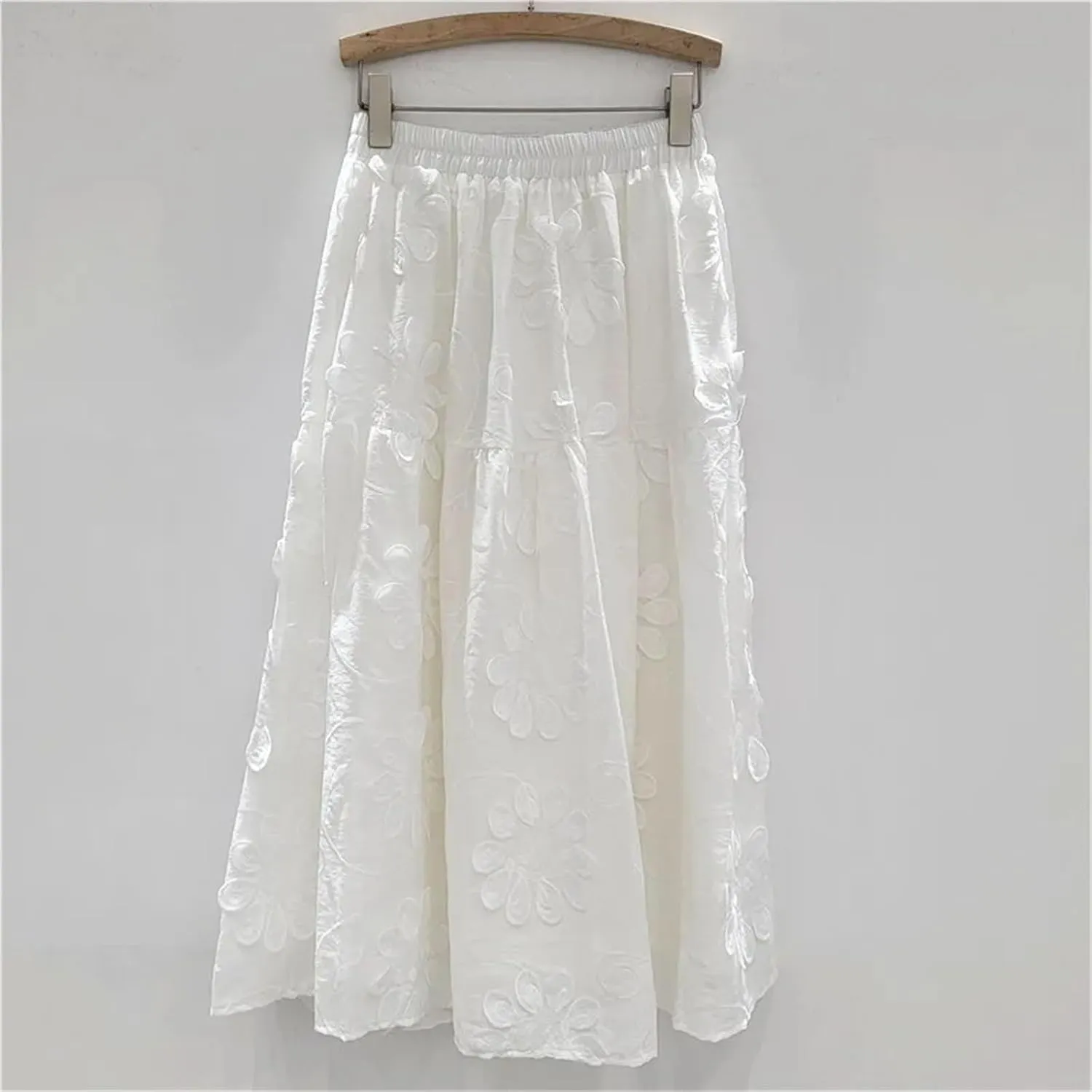 Women's Embroidered 3D Floral Skirt, Solid Color A-Line Elastic Waist Maxi Skirt