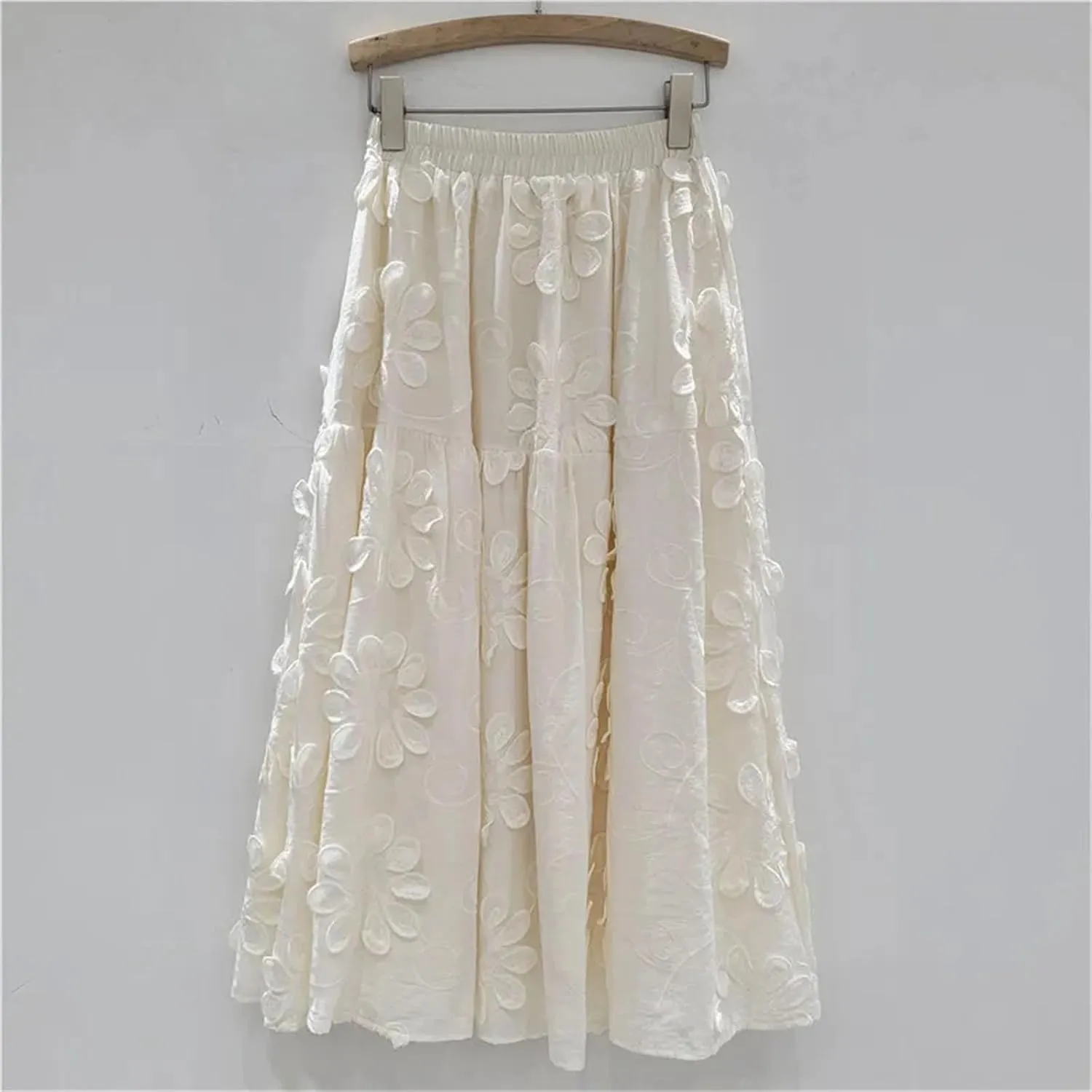 Women's Embroidered 3D Floral Skirt, Solid Color A-Line Elastic Waist Maxi Skirt