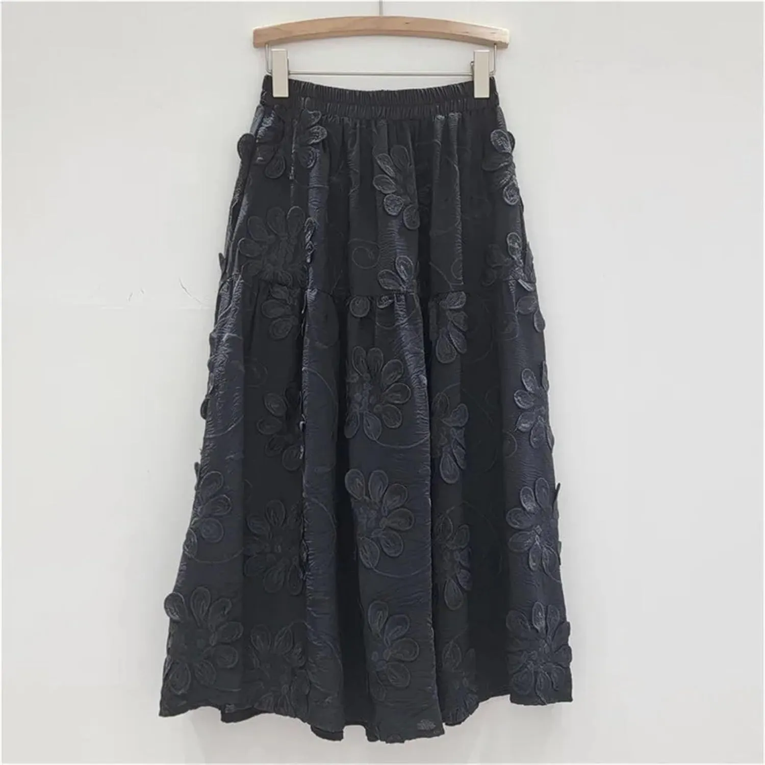 Women's Embroidered 3D Floral Skirt, Solid Color A-Line Elastic Waist Maxi Skirt