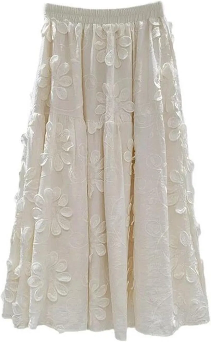 Women's Embroidered 3D Floral Skirt, Solid Color A-Line Elastic Waist Maxi Skirt