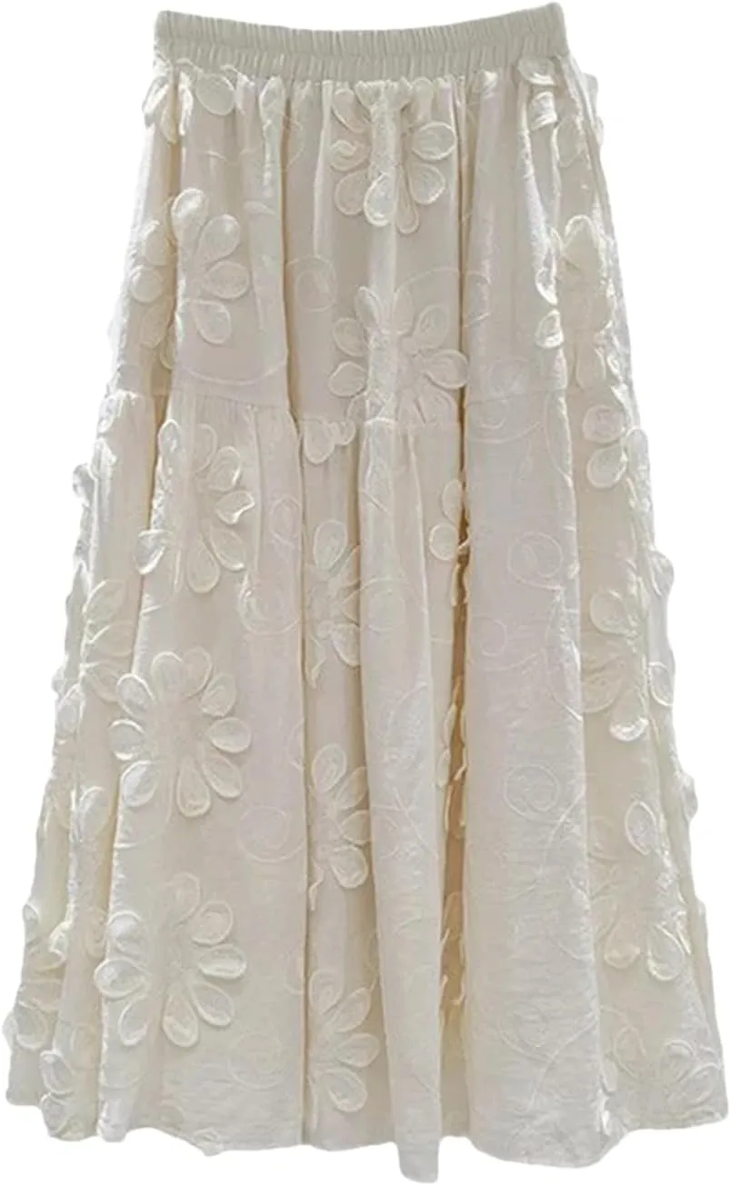 Women's Embroidered 3D Floral Skirt, Solid Color A-Line Elastic Waist Maxi Skirt