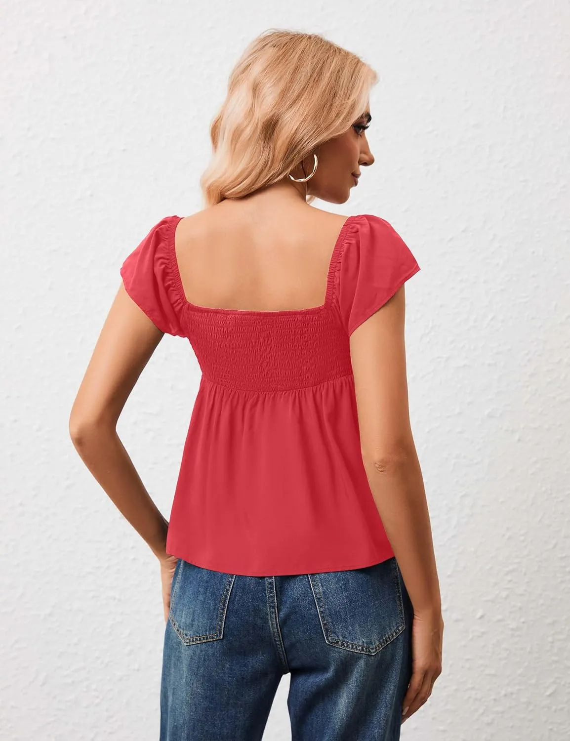 Womens Flowy Peplum Tank Tops Ruffle Sleeve Babydoll Tank Top Sweetheart Neck Smocked Back Short Sleeve Going Out Top