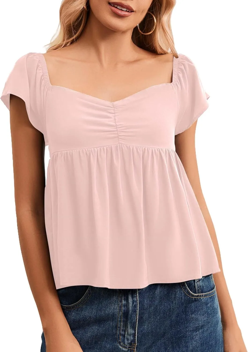 Womens Flowy Peplum Tank Tops Ruffle Sleeve Babydoll Tank Top Sweetheart Neck Smocked Back Short Sleeve Going Out Top