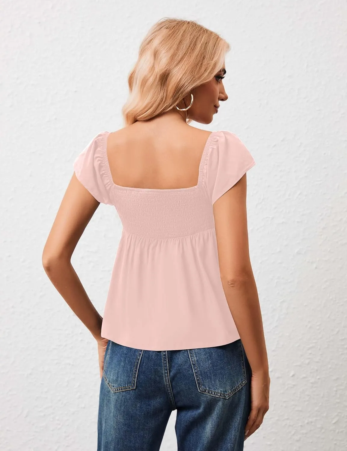 Womens Flowy Peplum Tank Tops Ruffle Sleeve Babydoll Tank Top Sweetheart Neck Smocked Back Short Sleeve Going Out Top