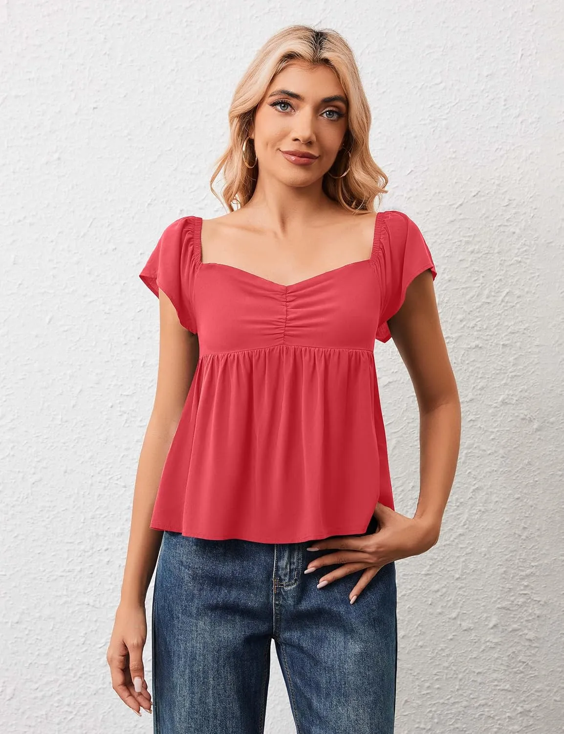 Womens Flowy Peplum Tank Tops Ruffle Sleeve Babydoll Tank Top Sweetheart Neck Smocked Back Short Sleeve Going Out Top