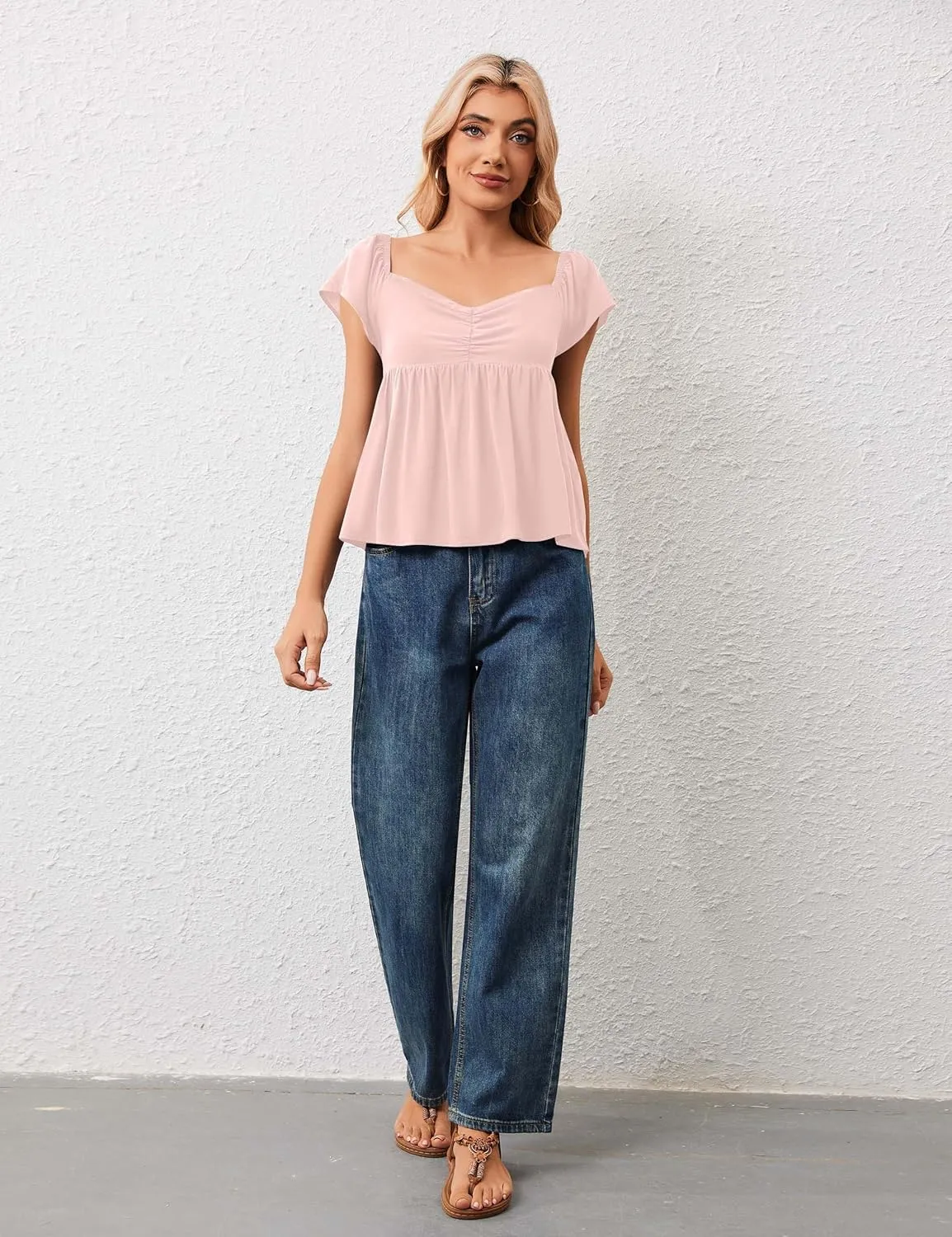 Womens Flowy Peplum Tank Tops Ruffle Sleeve Babydoll Tank Top Sweetheart Neck Smocked Back Short Sleeve Going Out Top