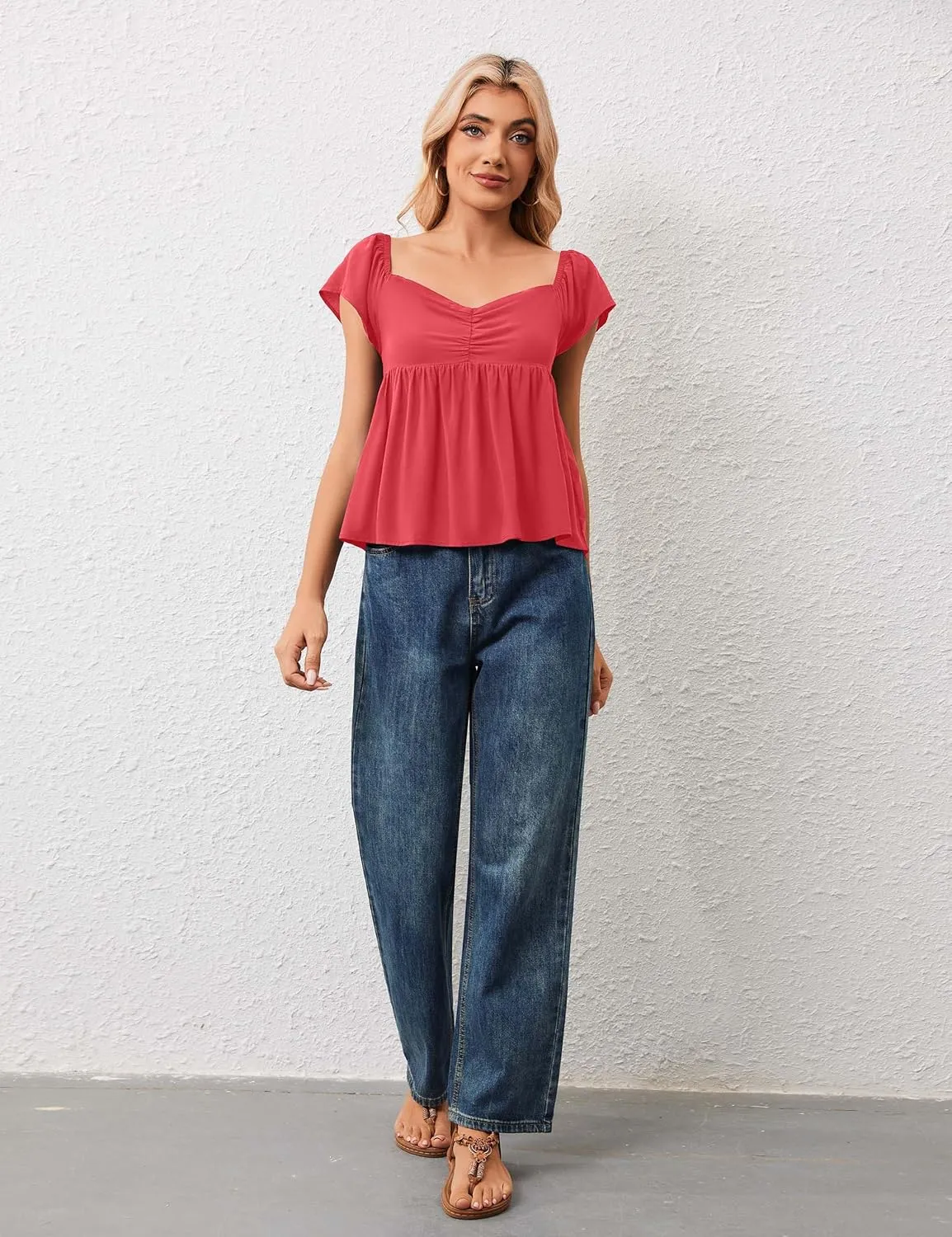 Womens Flowy Peplum Tank Tops Ruffle Sleeve Babydoll Tank Top Sweetheart Neck Smocked Back Short Sleeve Going Out Top