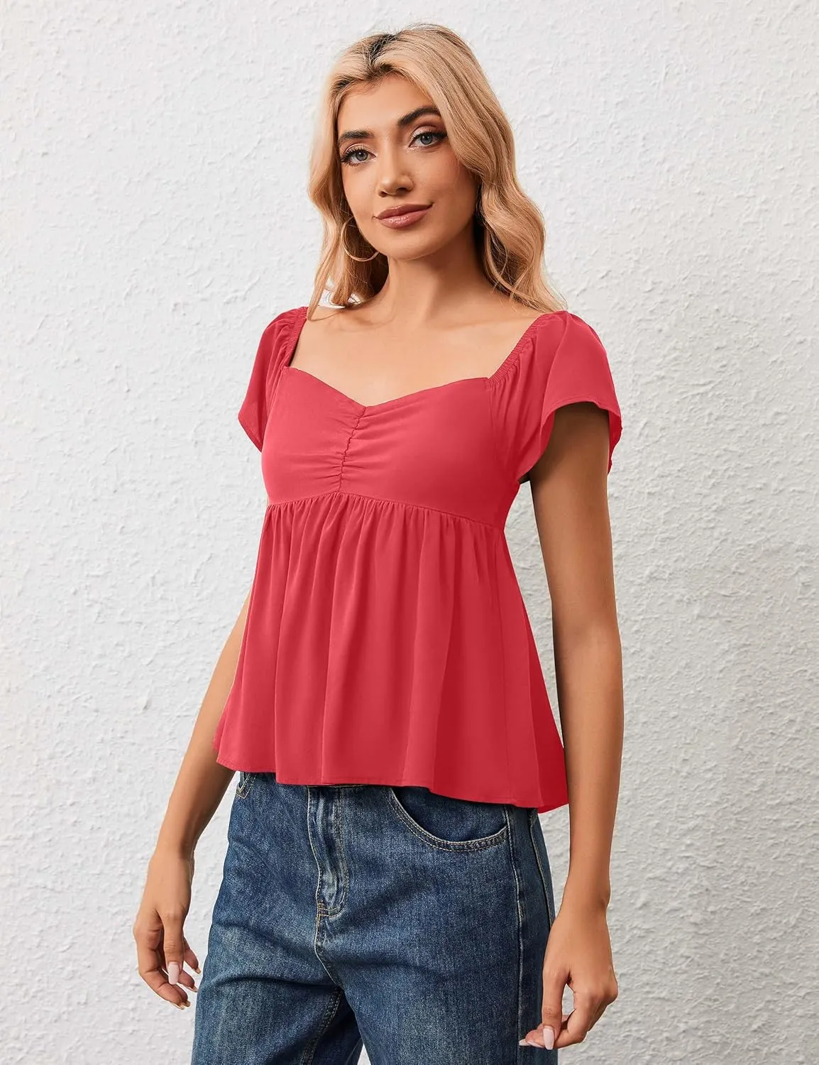 Womens Flowy Peplum Tank Tops Ruffle Sleeve Babydoll Tank Top Sweetheart Neck Smocked Back Short Sleeve Going Out Top