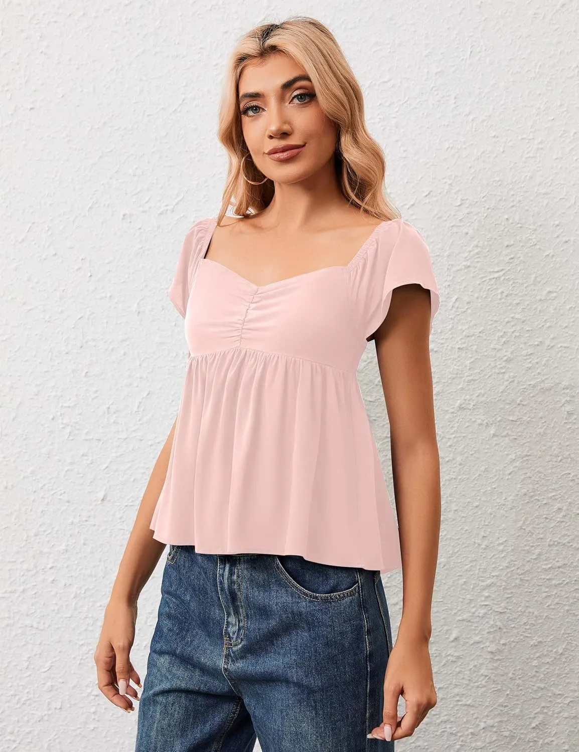 Womens Flowy Peplum Tank Tops Ruffle Sleeve Babydoll Tank Top Sweetheart Neck Smocked Back Short Sleeve Going Out Top
