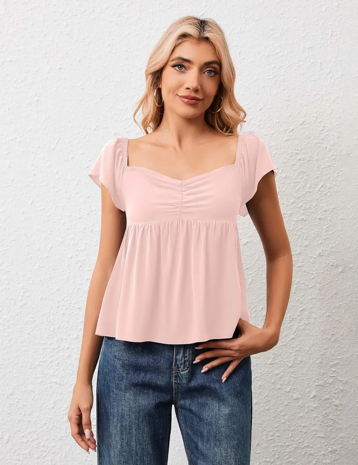 Womens Flowy Peplum Tank Tops Ruffle Sleeve Babydoll Tank Top Sweetheart Neck Smocked Back Short Sleeve Going Out Top