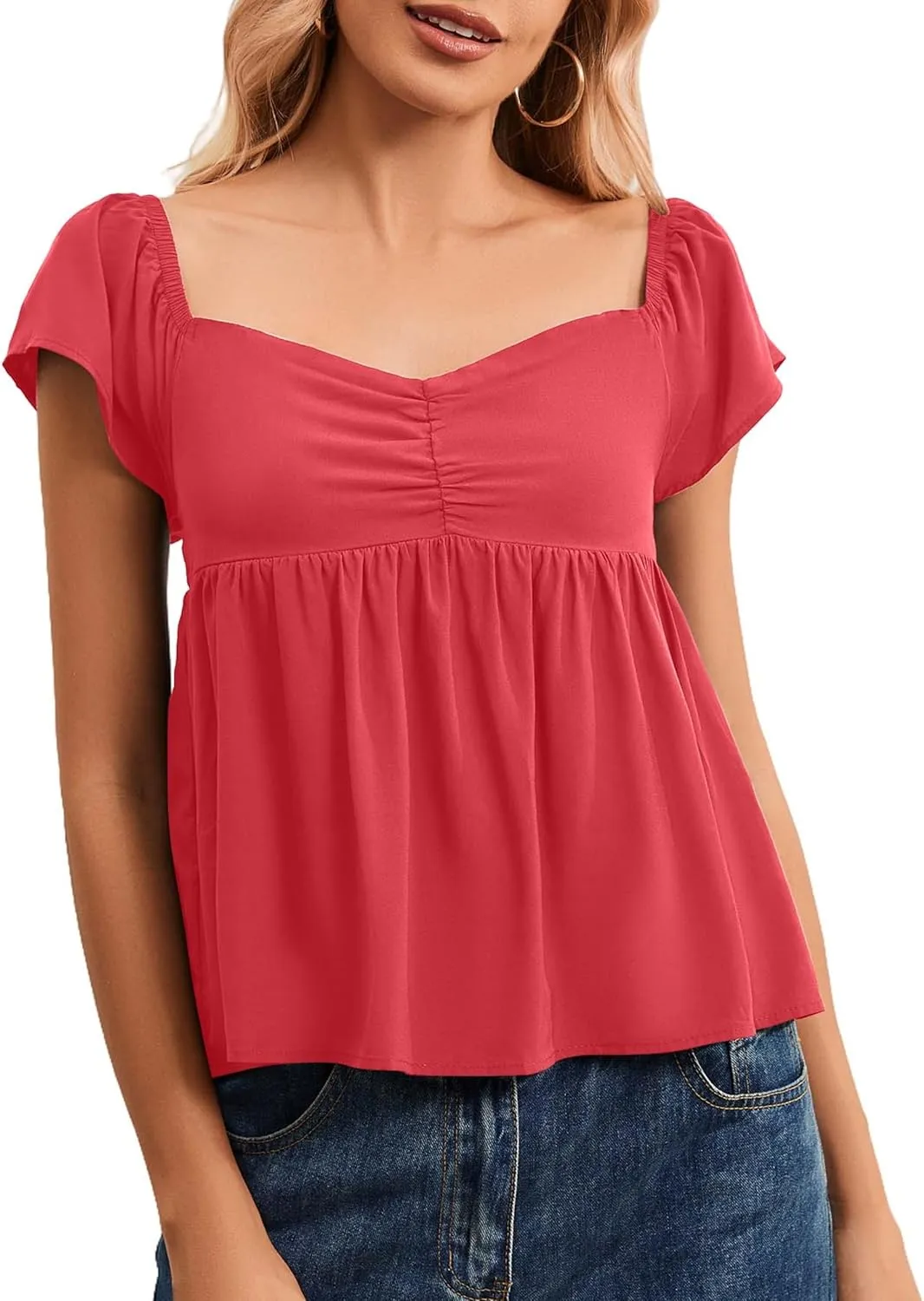 Womens Flowy Peplum Tank Tops Ruffle Sleeve Babydoll Tank Top Sweetheart Neck Smocked Back Short Sleeve Going Out Top