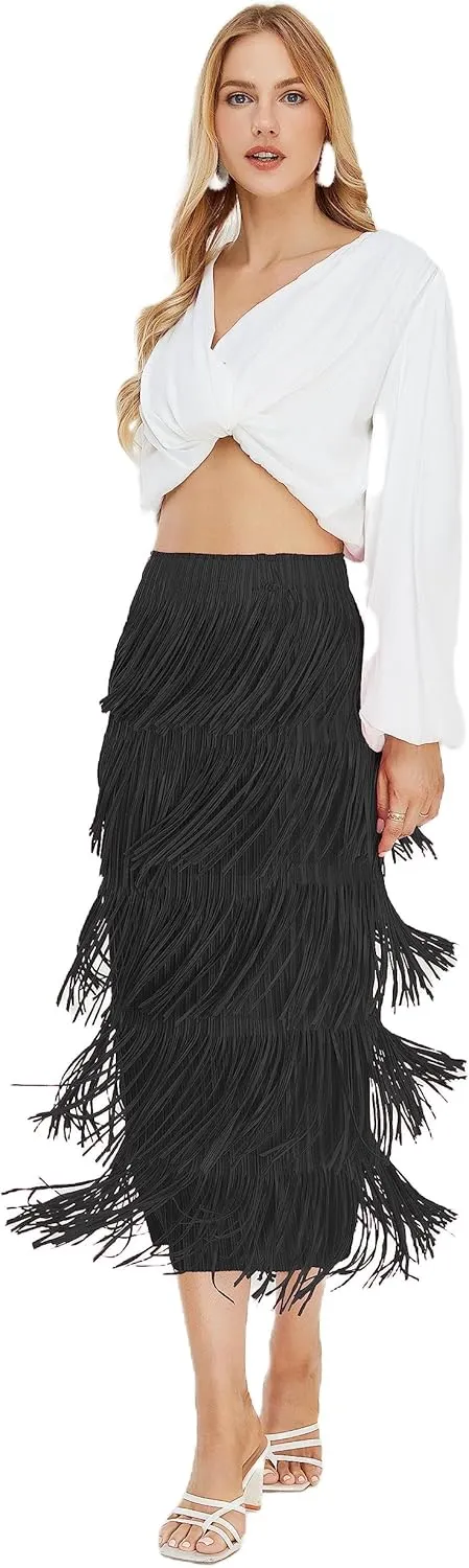 Women's Fringe Trim High Waist Short Pencil Bodycon Skirts, Sexy Elegant Fringe Long Maxi Skirt Summer Party Work
