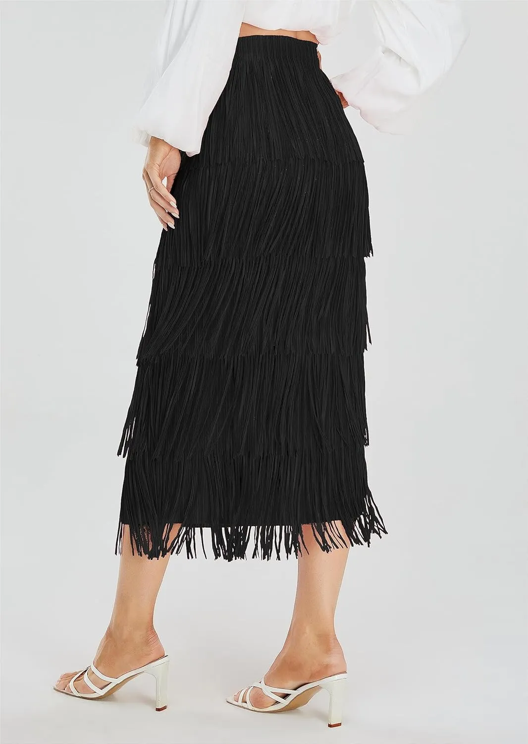Women's Fringe Trim High Waist Short Pencil Bodycon Skirts, Sexy Elegant Fringe Long Maxi Skirt Summer Party Work