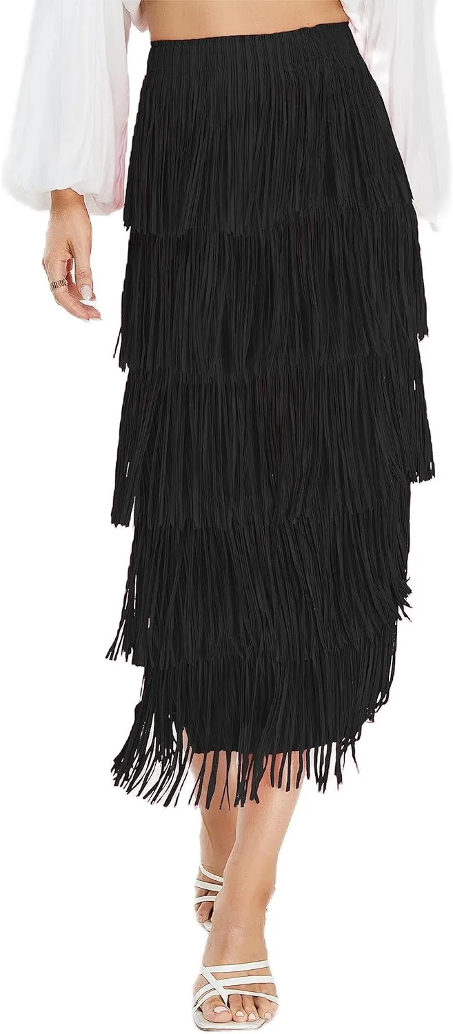 Women's Fringe Trim High Waist Short Pencil Bodycon Skirts, Sexy Elegant Fringe Long Maxi Skirt Summer Party Work