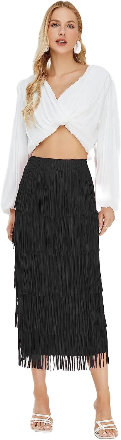 Women's Fringe Trim High Waist Short Pencil Bodycon Skirts, Sexy Elegant Fringe Long Maxi Skirt Summer Party Work