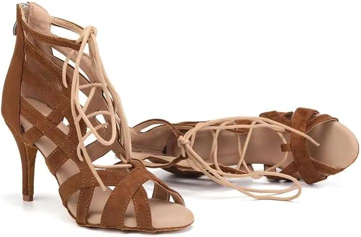 Women's Latin Dance Shoes Lace-up Open-toe Salsa Ballroom Performence Dancing Shoes,Model 7208