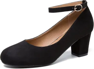 Women's Low Block Chunky Heels Ankle Strap Pumps Closed Round Toe Dress Wedding Office Work Church Shoes