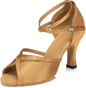 Women's Open Toe Ballroom Waltz Tango Party Wedding Performance Practice Professional Dance Shoes QRX016 Brown US 4