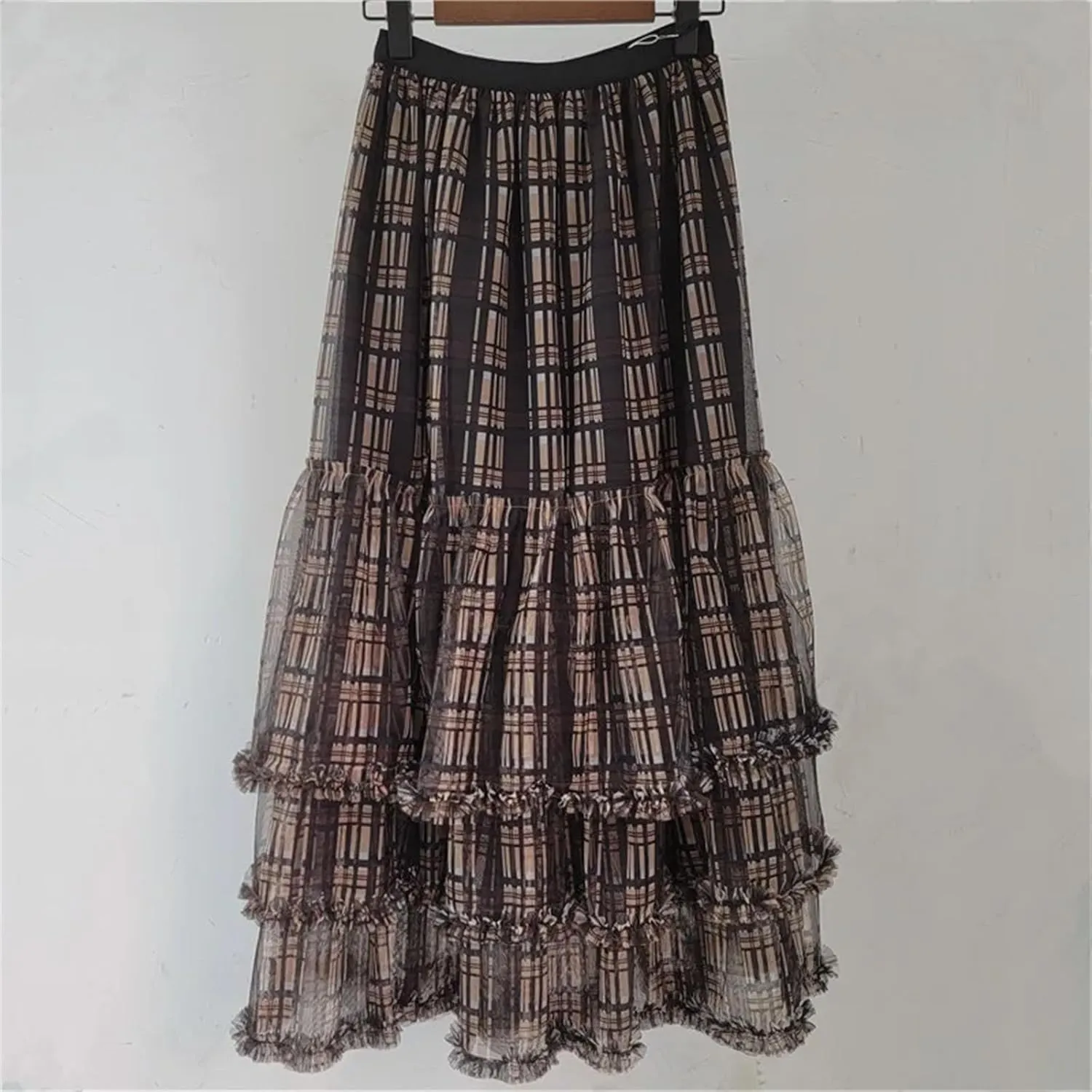 Women's Plaid Patchwork Skirt, Ruffled Hem Elastic Waist A-Line Skirt