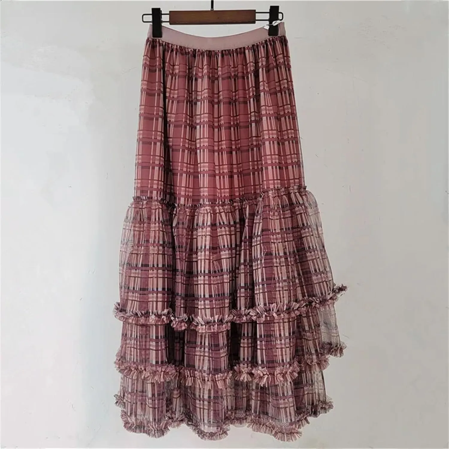 Women's Plaid Patchwork Skirt, Ruffled Hem Elastic Waist A-Line Skirt