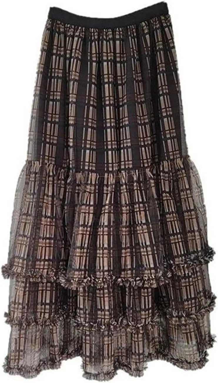 Women's Plaid Patchwork Skirt, Ruffled Hem Elastic Waist A-Line Skirt