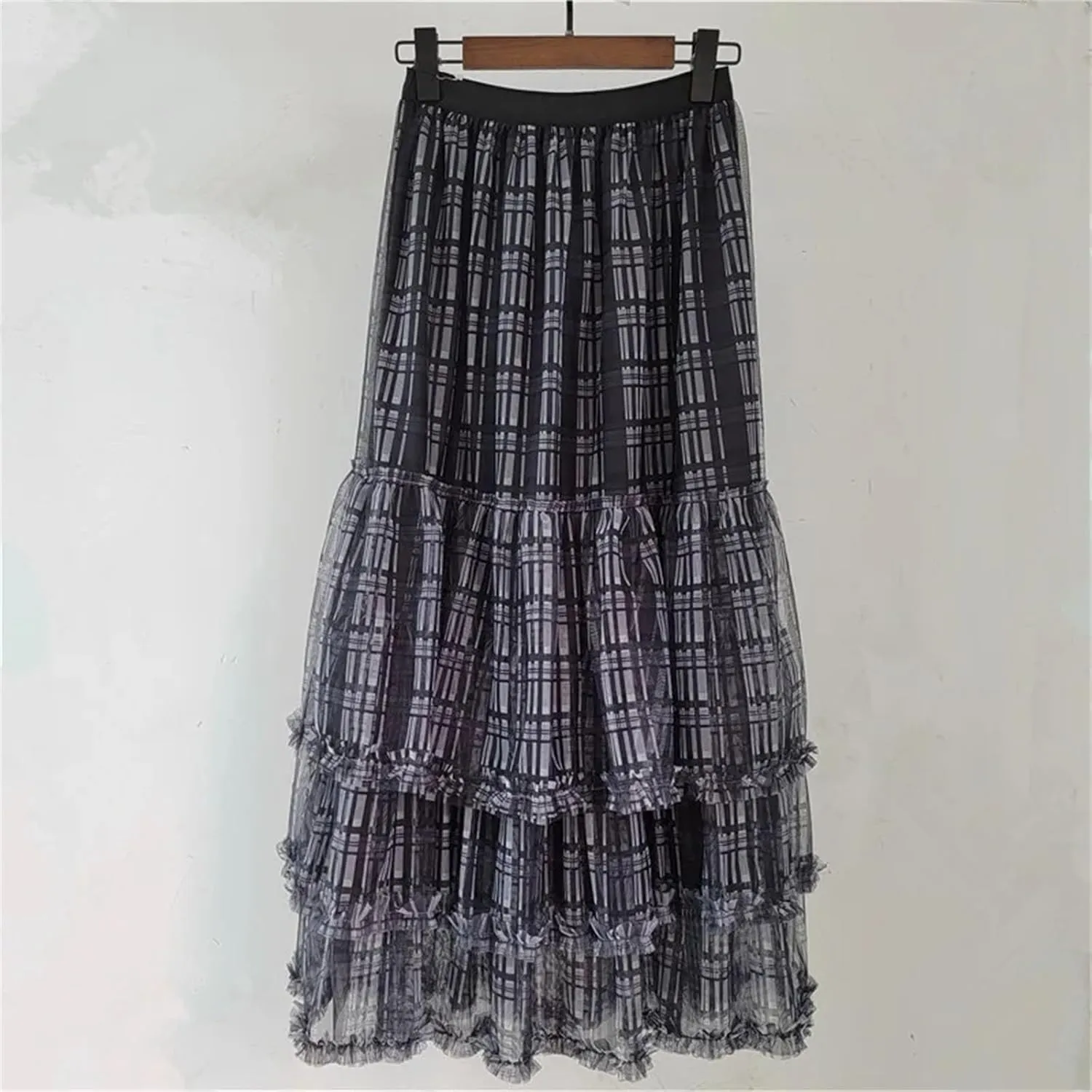 Women's Plaid Patchwork Skirt, Ruffled Hem Elastic Waist A-Line Skirt