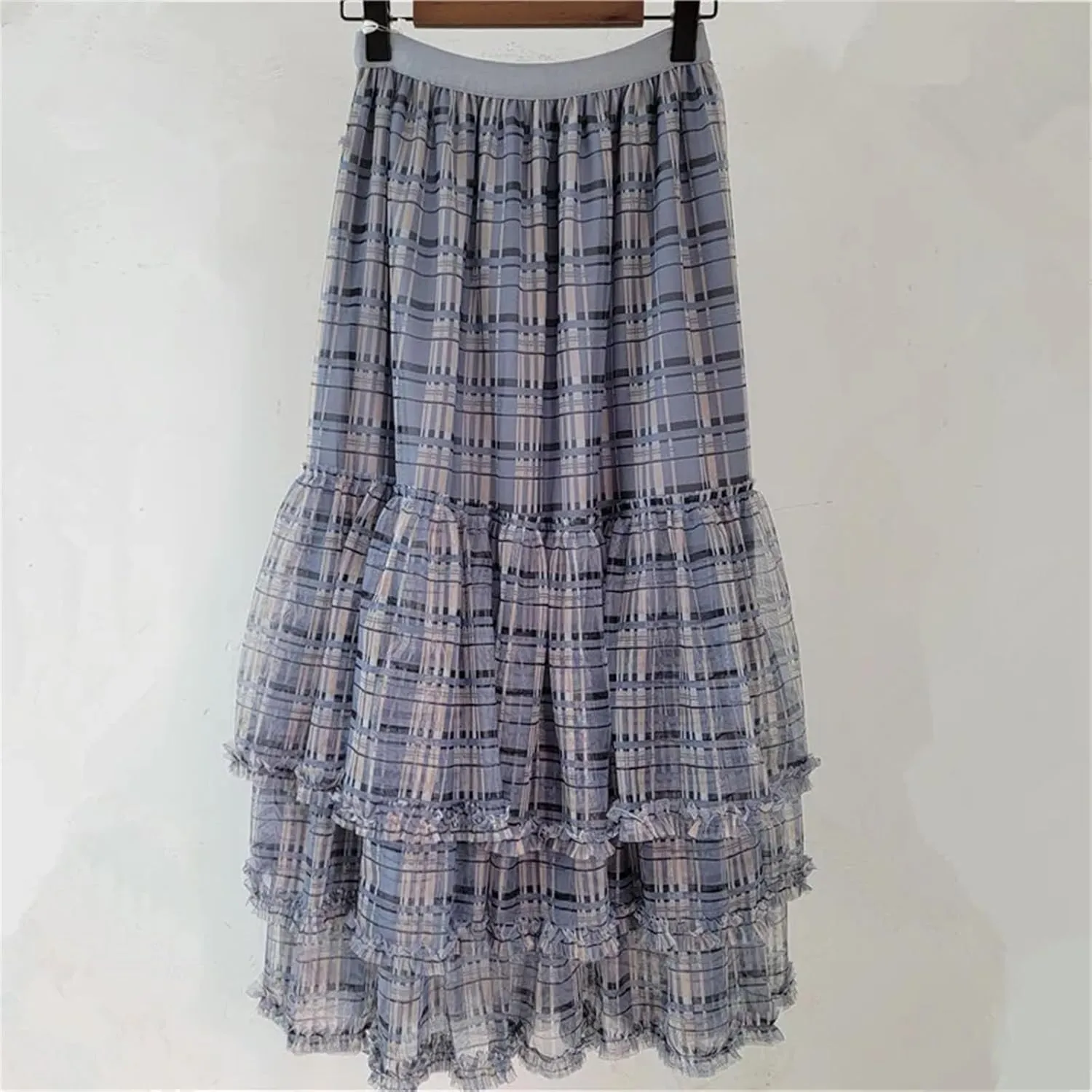 Women's Plaid Patchwork Skirt, Ruffled Hem Elastic Waist A-Line Skirt