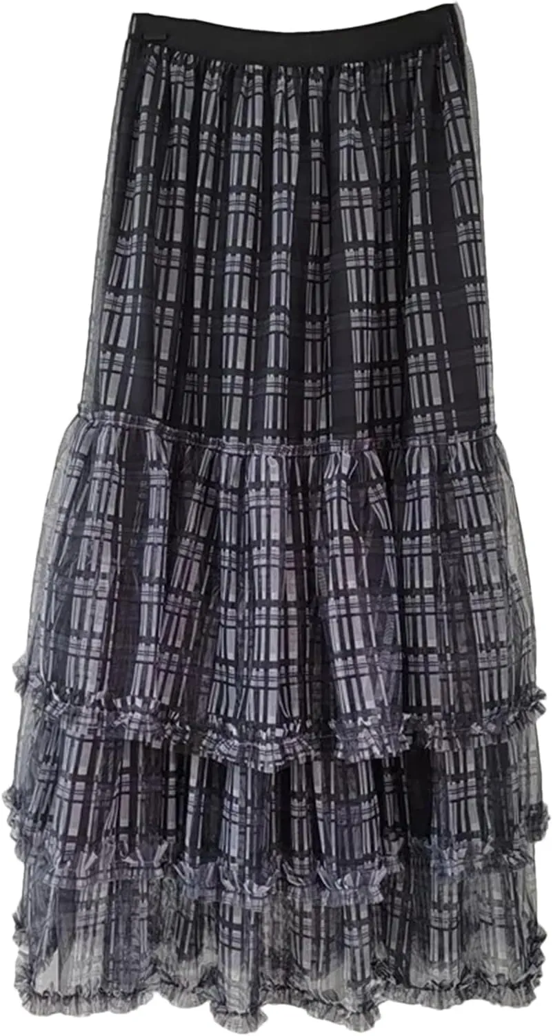Women's Plaid Patchwork Skirt, Ruffled Hem Elastic Waist A-Line Skirt